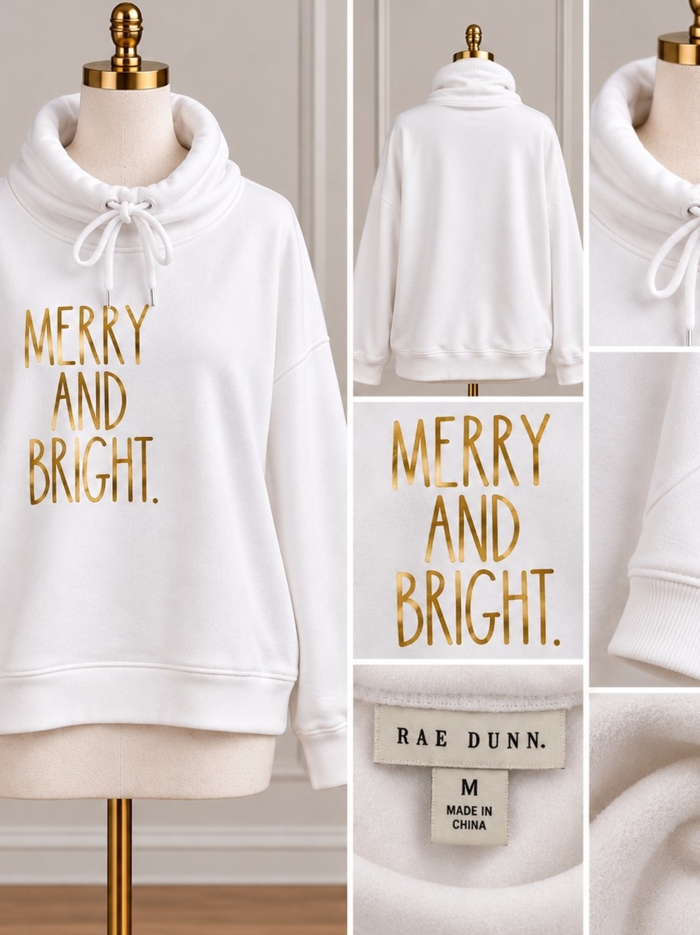 Rae Dunn Merry & Bright White Gold Holiday Sweatshirt Size M